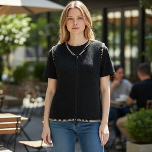 Cabin Creek Vest Womens Large Black Tan Trim Speckled Knit Zip Up Ramie Warm